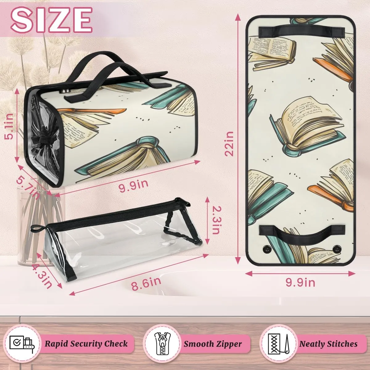 Education Books Foldable Toiletry Bag with Detachable Removable Pouches Hanging 4 in 1 Roll Up Large Makeup Toiletry Organizer Storage Bag with Handle
