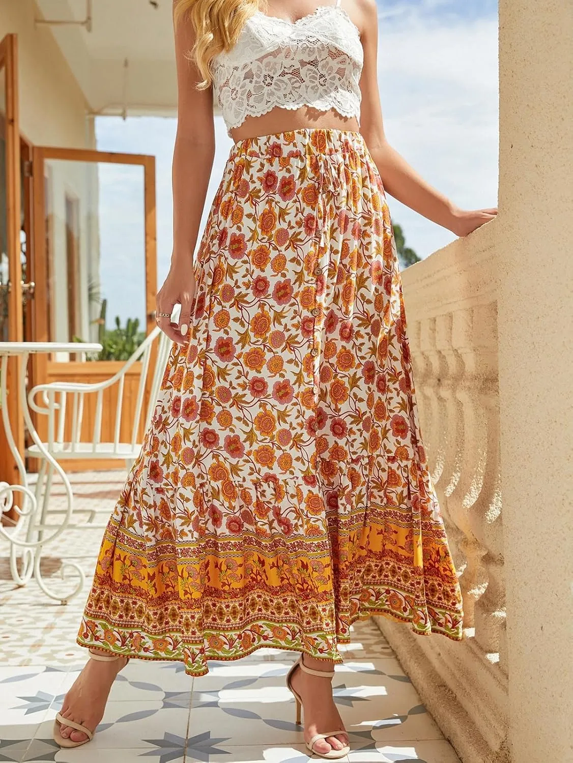 Elastic High Waist Skirt Women's Boho Floral Print Pleated A Line Skirt Summer Beach Casual Skirt Dress986