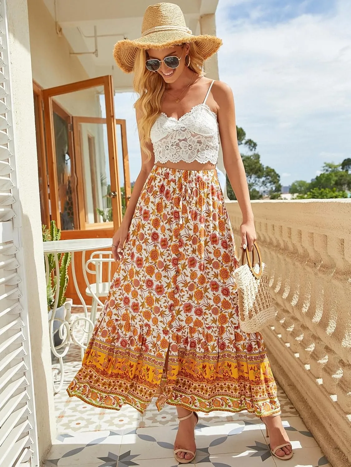 Elastic High Waist Skirt Women's Boho Floral Print Pleated A Line Skirt Summer Beach Casual Skirt Dress986