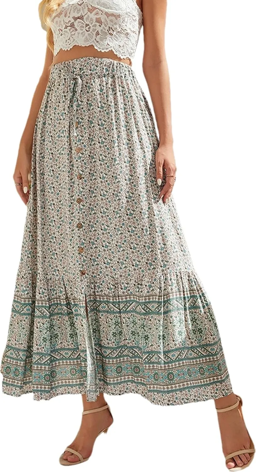 Elastic High Waist Skirt Women's Boho Floral Print Pleated A Line Skirt Summer Beach Casual Skirt Dress986