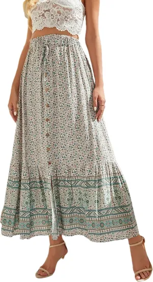 Elastic High Waist Skirt Women's Boho Floral Print Pleated A Line Skirt Summer Beach Casual Skirt Dress986