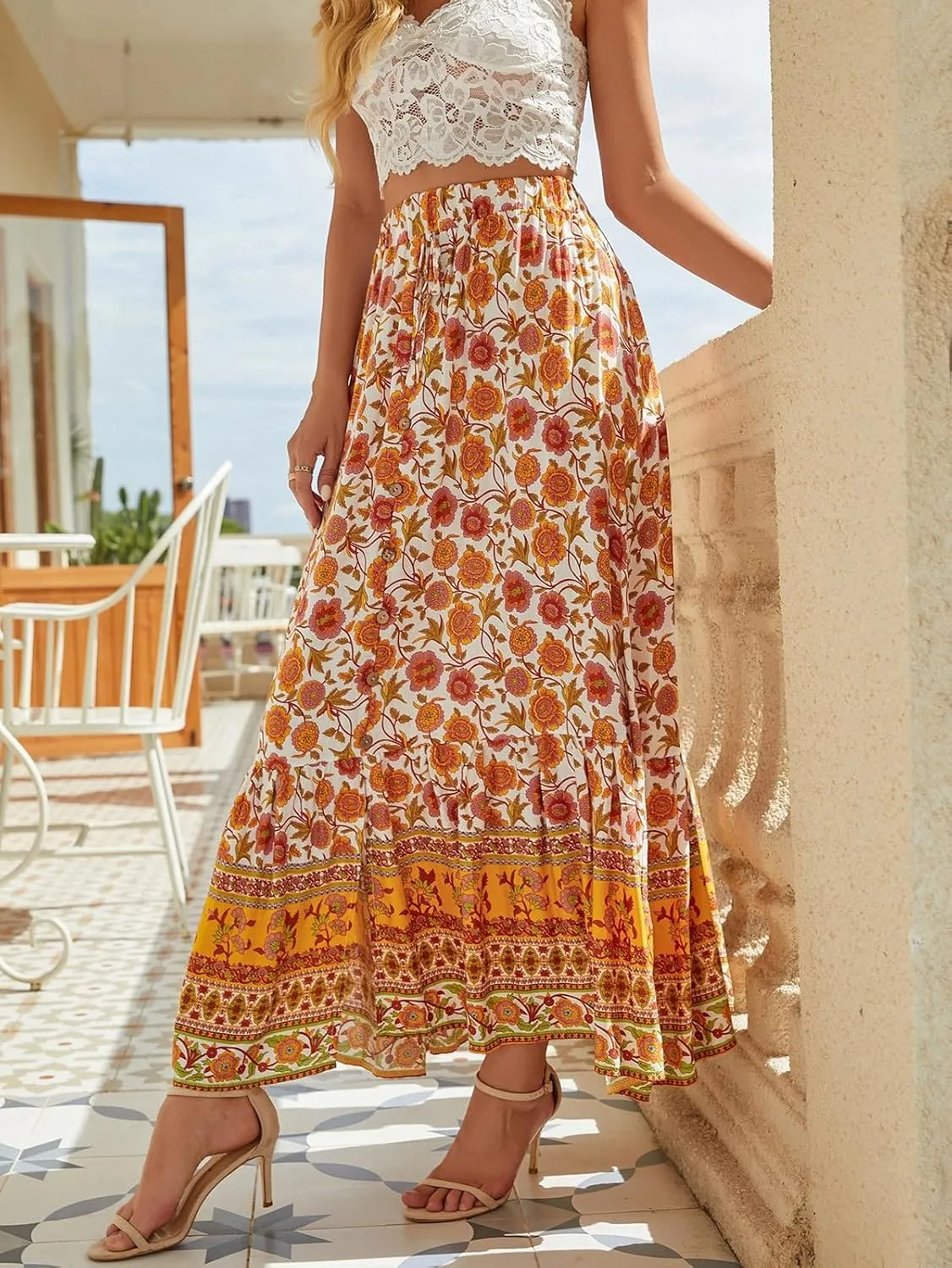 Elastic High Waist Skirt Women's Boho Floral Print Pleated A Line Skirt Summer Beach Casual Skirt Dress986
