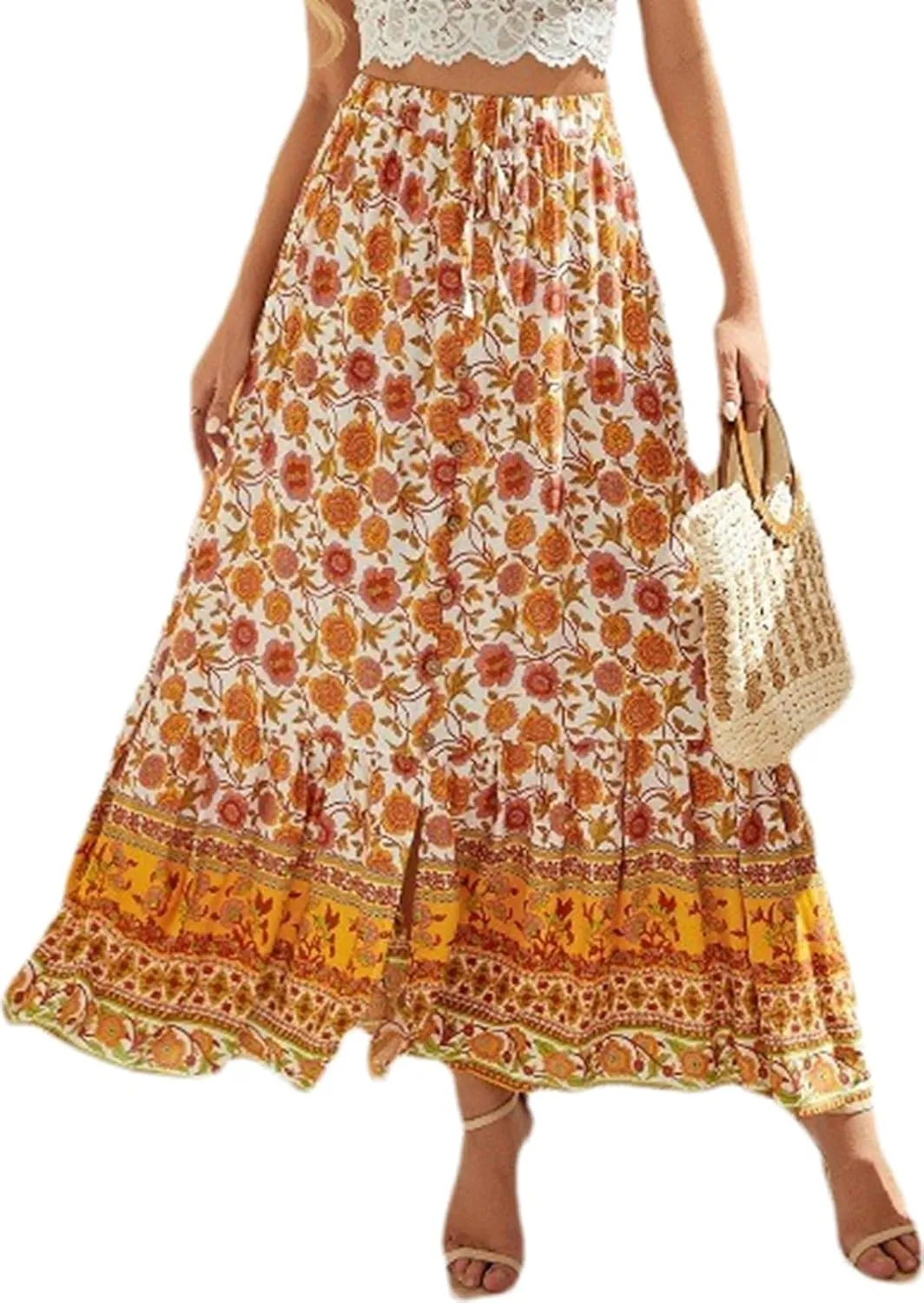 Elastic High Waist Skirt Women's Boho Floral Print Pleated A Line Skirt Summer Beach Casual Skirt Dress986