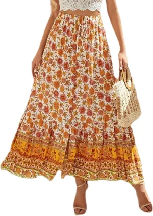 Elastic High Waist Skirt Women's Boho Floral Print Pleated A Line Skirt Summer Beach Casual Skirt Dress986