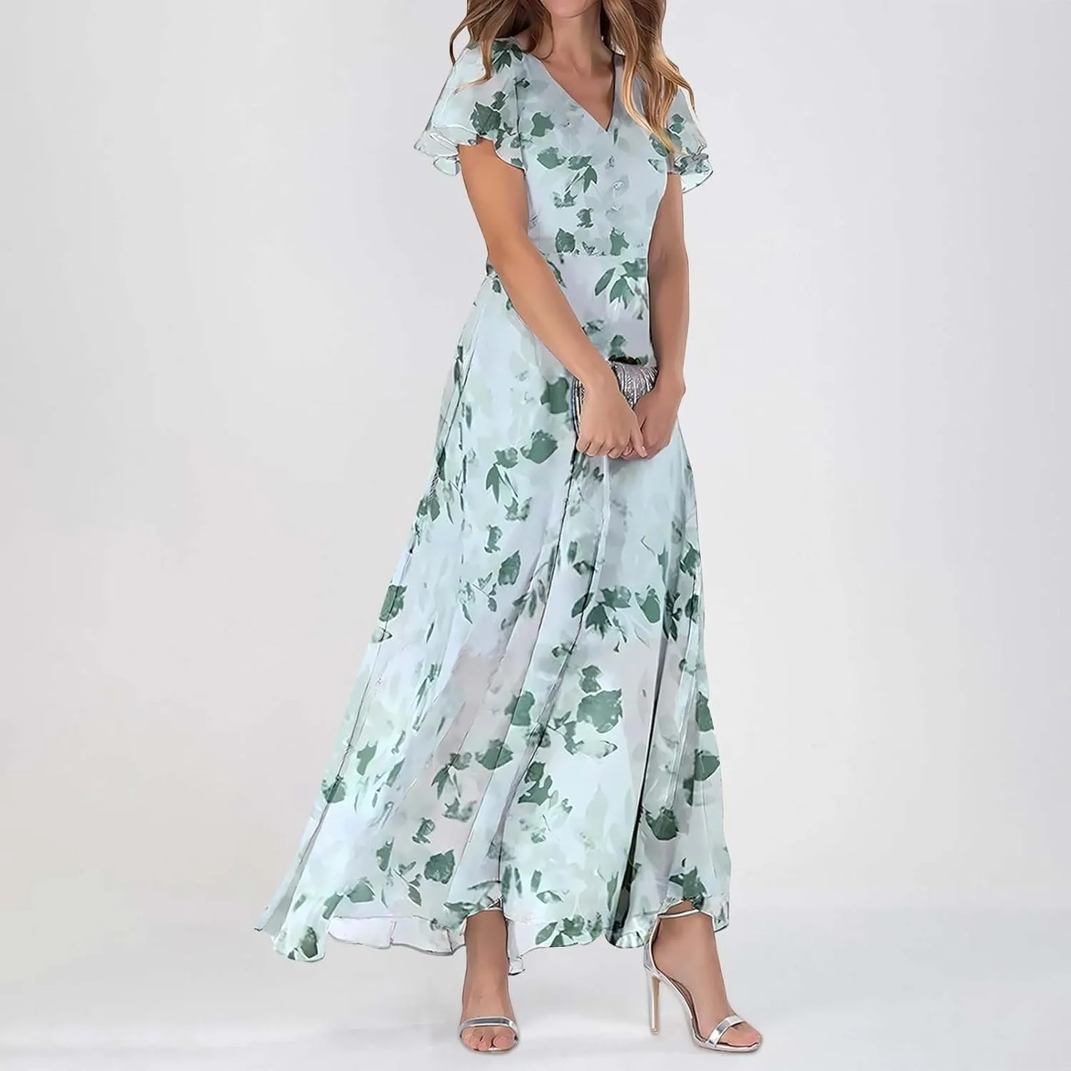 Elegant Dresses for Women 2024 Floral Print Ruffle Short Sleeve A-Line Dress Trendy V Neck High Waist Maxi Dress