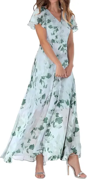 Elegant Dresses for Women 2024 Floral Print Ruffle Short Sleeve A-Line Dress Trendy V Neck High Waist Maxi Dress