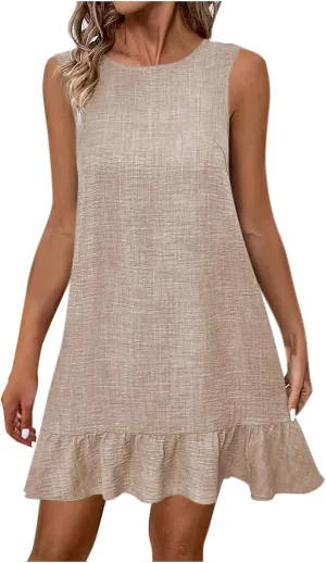 Elegant Womens Summer Sleeveless Mini Dress Classic Round Neck Ruffle Smock Dresses Fashion Tie Backless Short Dress