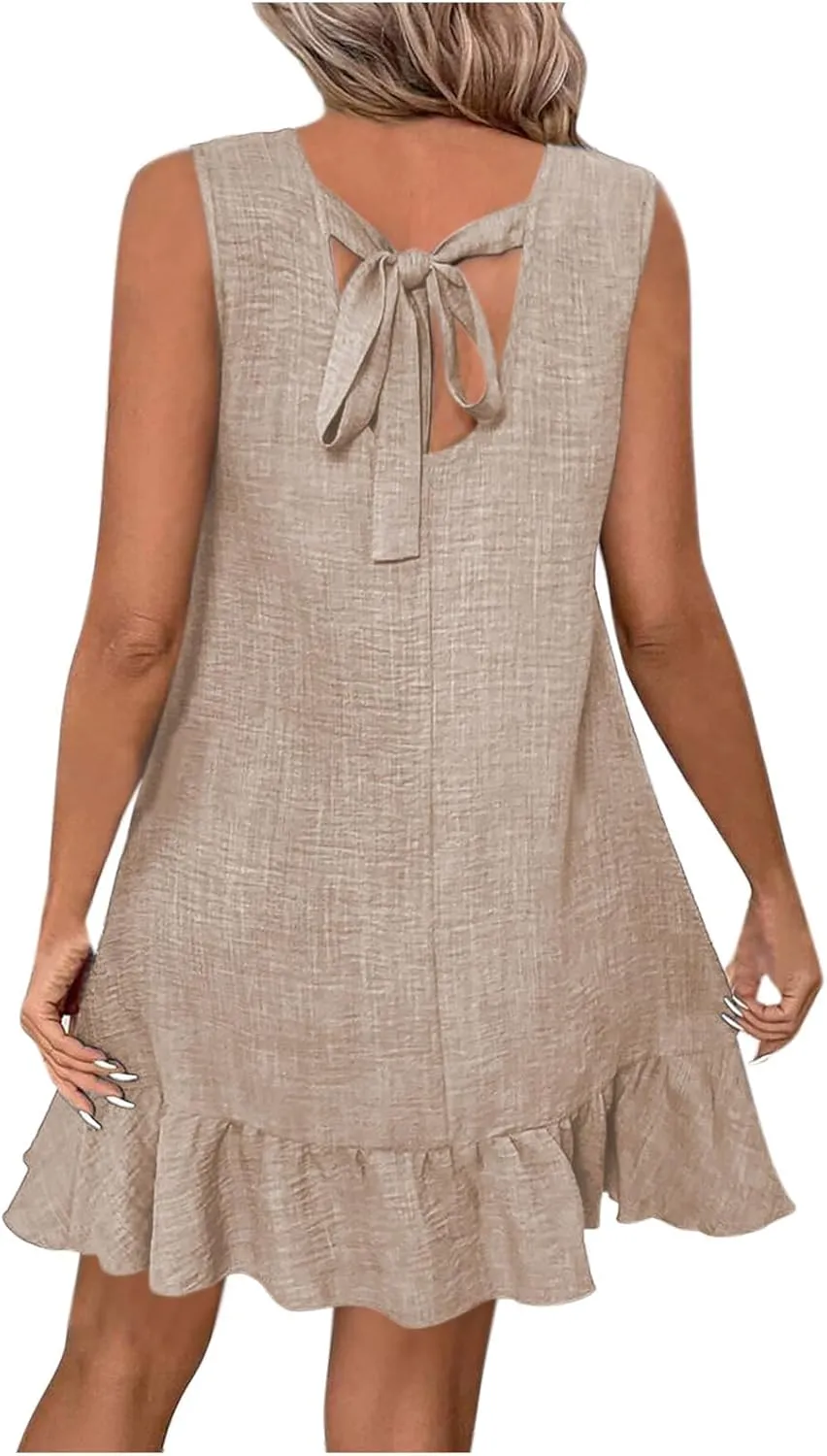 Elegant Womens Summer Sleeveless Mini Dress Classic Round Neck Ruffle Smock Dresses Fashion Tie Backless Short Dress