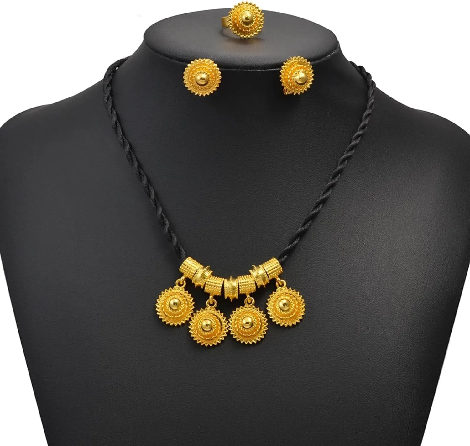 Ethiopian Traditional Jewelry | Eritrean Jewelry for Women Set | Ethiopian African Jewelry Wedding Sets Includes Cross Pendant Black Rope Earrings Ring Sets African Eritrean Religion