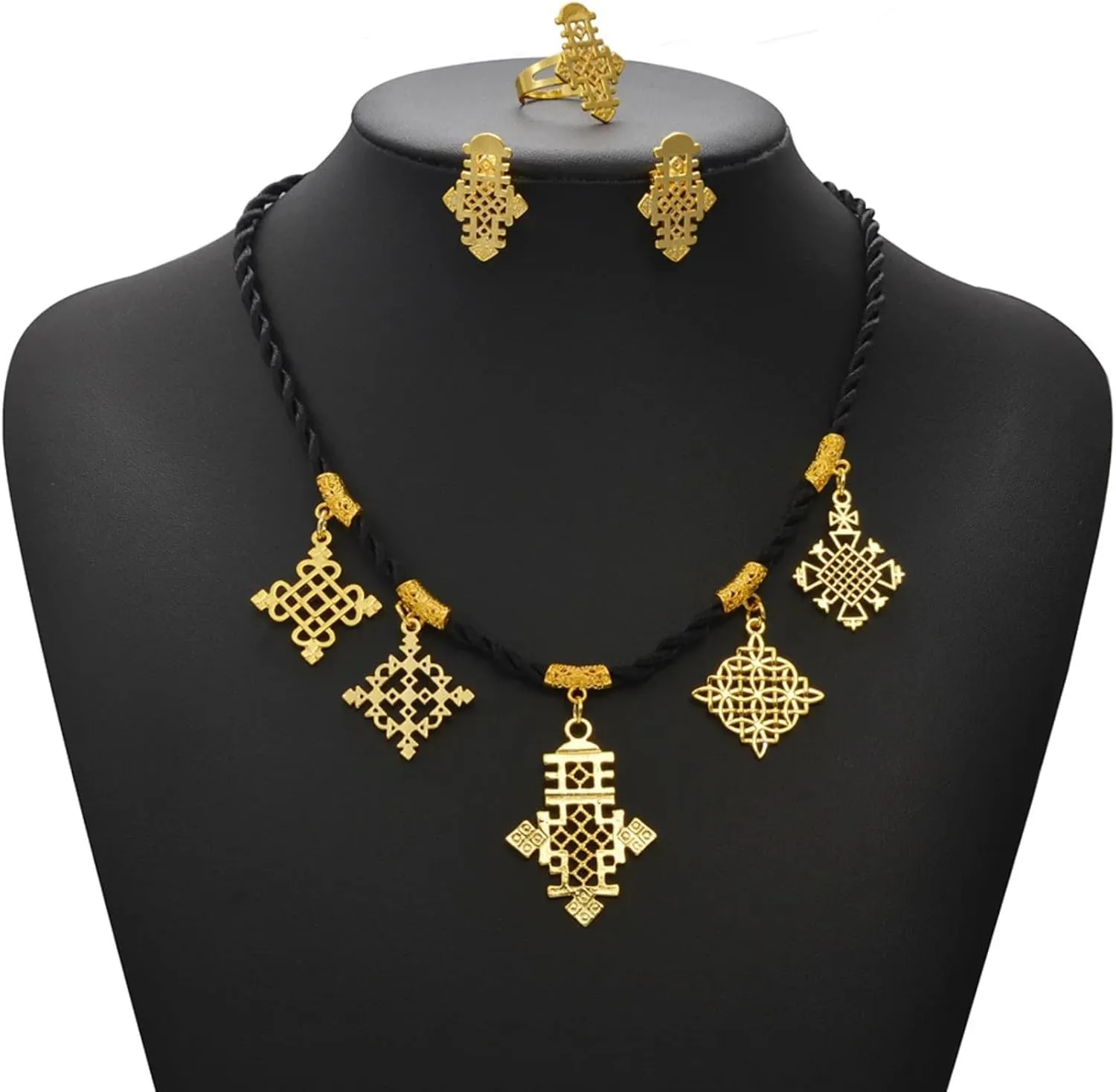 Ethiopian Traditional Jewelry | Eritrean Jewelry for Women Set | Ethiopian African Jewelry Wedding Sets Includes Cross Pendant Black Rope Earrings Ring Sets African Eritrean Religion
