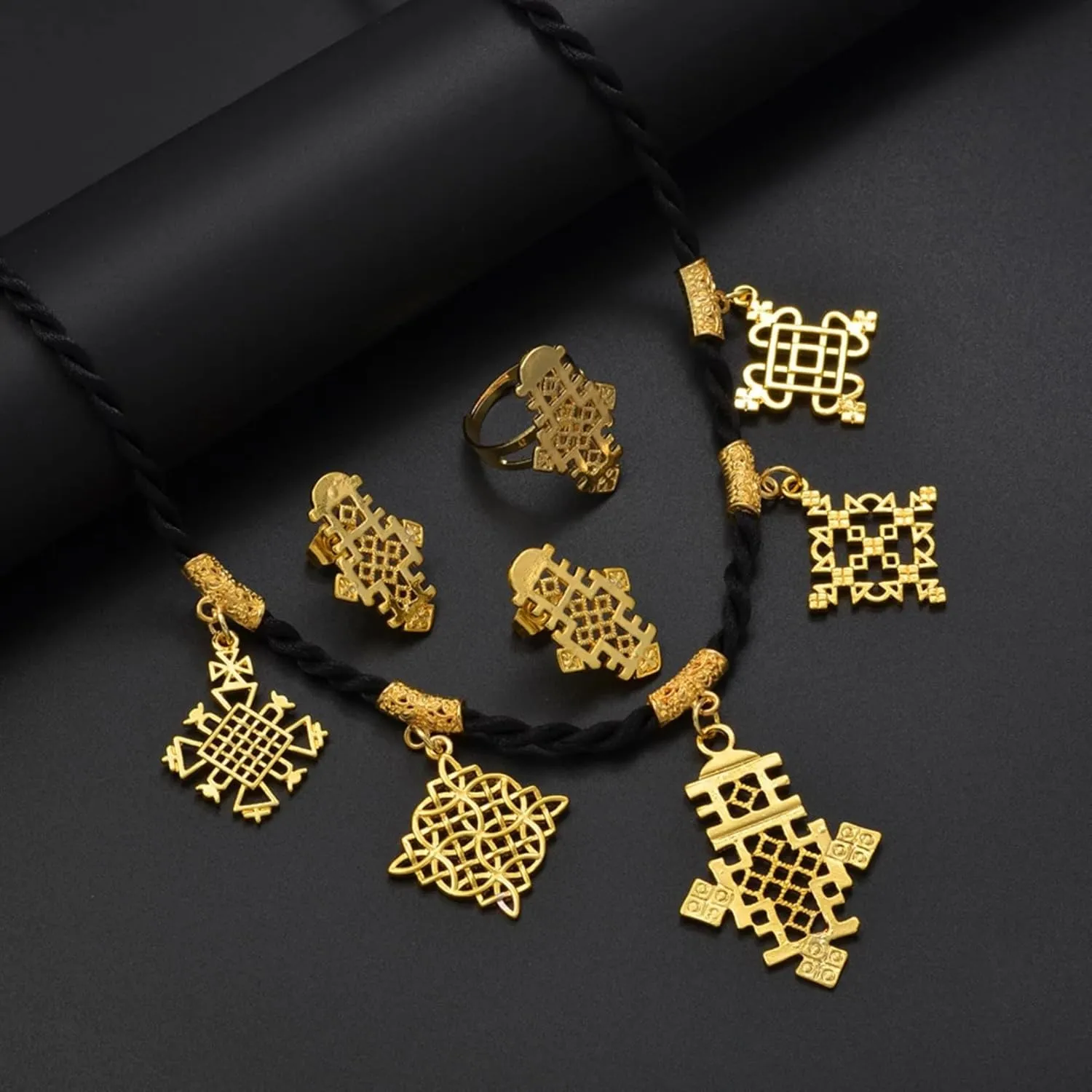 Ethiopian Traditional Jewelry | Eritrean Jewelry for Women Set | Ethiopian African Jewelry Wedding Sets Includes Cross Pendant Black Rope Earrings Ring Sets African Eritrean Religion