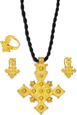 Ethiopian Traditional Jewelry | Eritrean Jewelry for Women Set | Ethiopian African Jewelry Wedding Sets Includes Cross Pendant Black Rope Earrings Ring Sets African Eritrean Religion