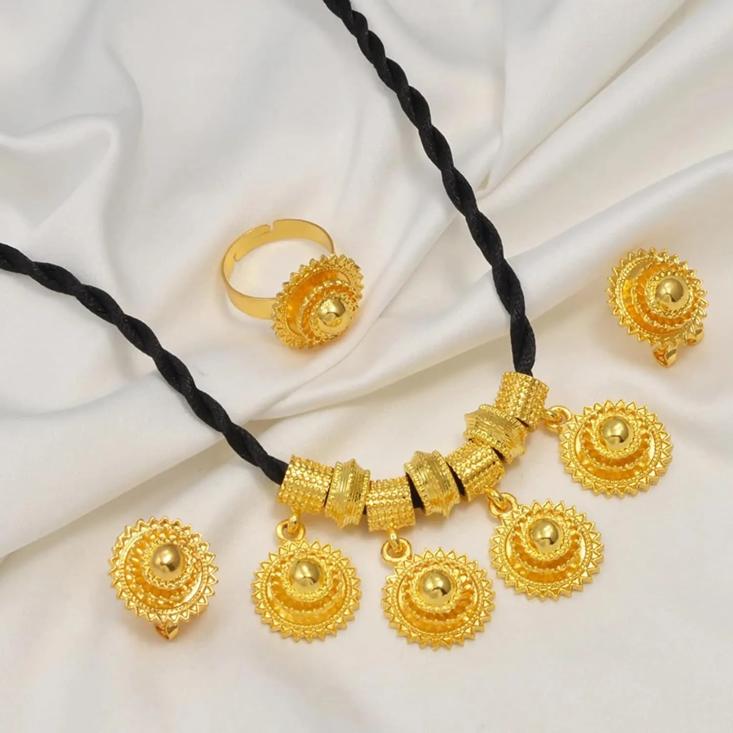Ethiopian Traditional Jewelry | Eritrean Jewelry for Women Set | Ethiopian African Jewelry Wedding Sets Includes Cross Pendant Black Rope Earrings Ring Sets African Eritrean Religion