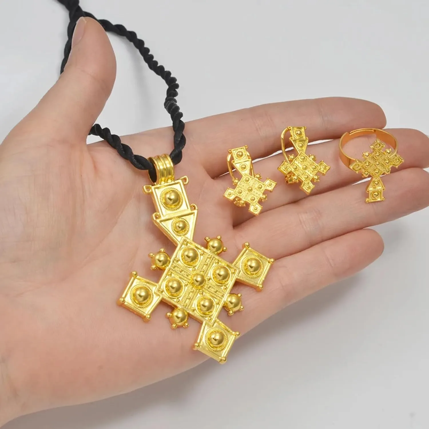 Ethiopian Traditional Jewelry | Eritrean Jewelry for Women Set | Ethiopian African Jewelry Wedding Sets Includes Cross Pendant Black Rope Earrings Ring Sets African Eritrean Religion