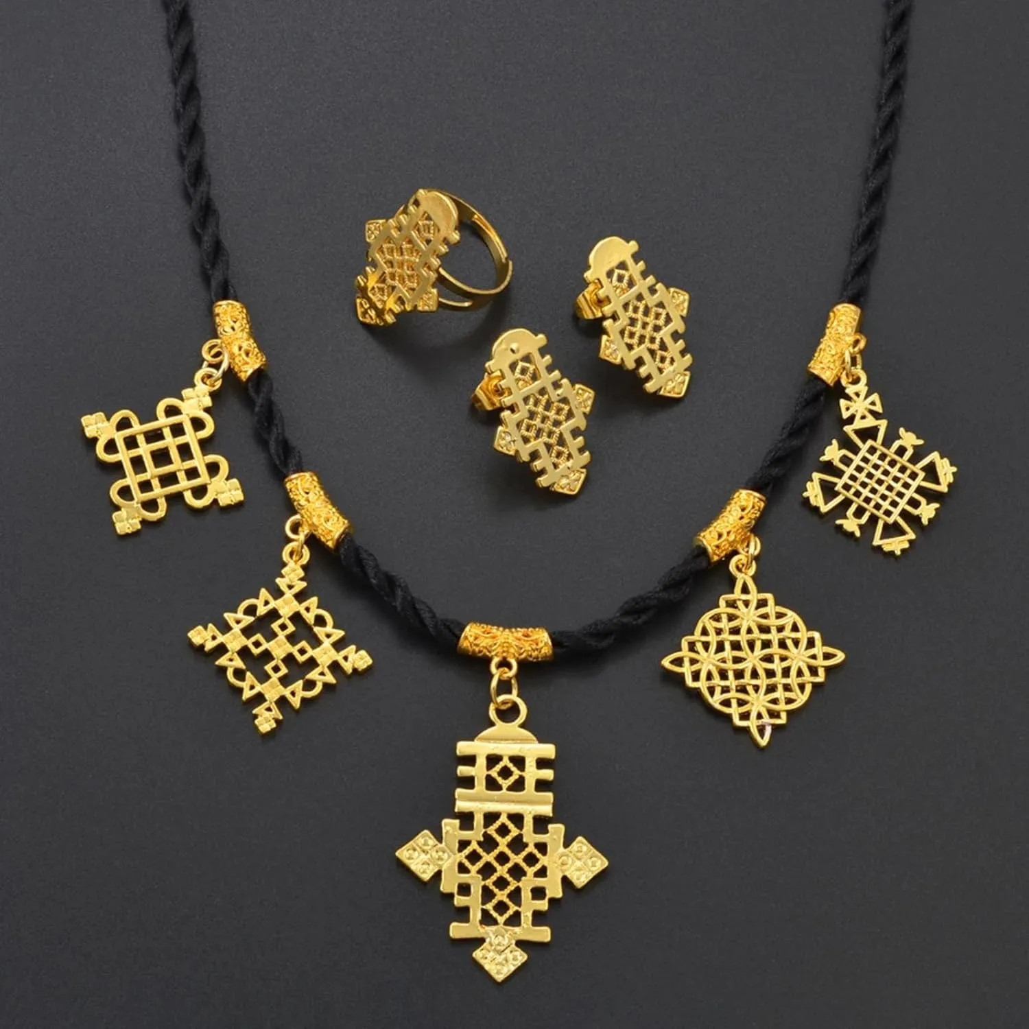 Ethiopian Traditional Jewelry | Eritrean Jewelry for Women Set | Ethiopian African Jewelry Wedding Sets Includes Cross Pendant Black Rope Earrings Ring Sets African Eritrean Religion