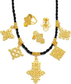 Ethiopian Traditional Jewelry | Eritrean Jewelry for Women Set | Ethiopian African Jewelry Wedding Sets Includes Cross Pendant Black Rope Earrings Ring Sets African Eritrean Religion