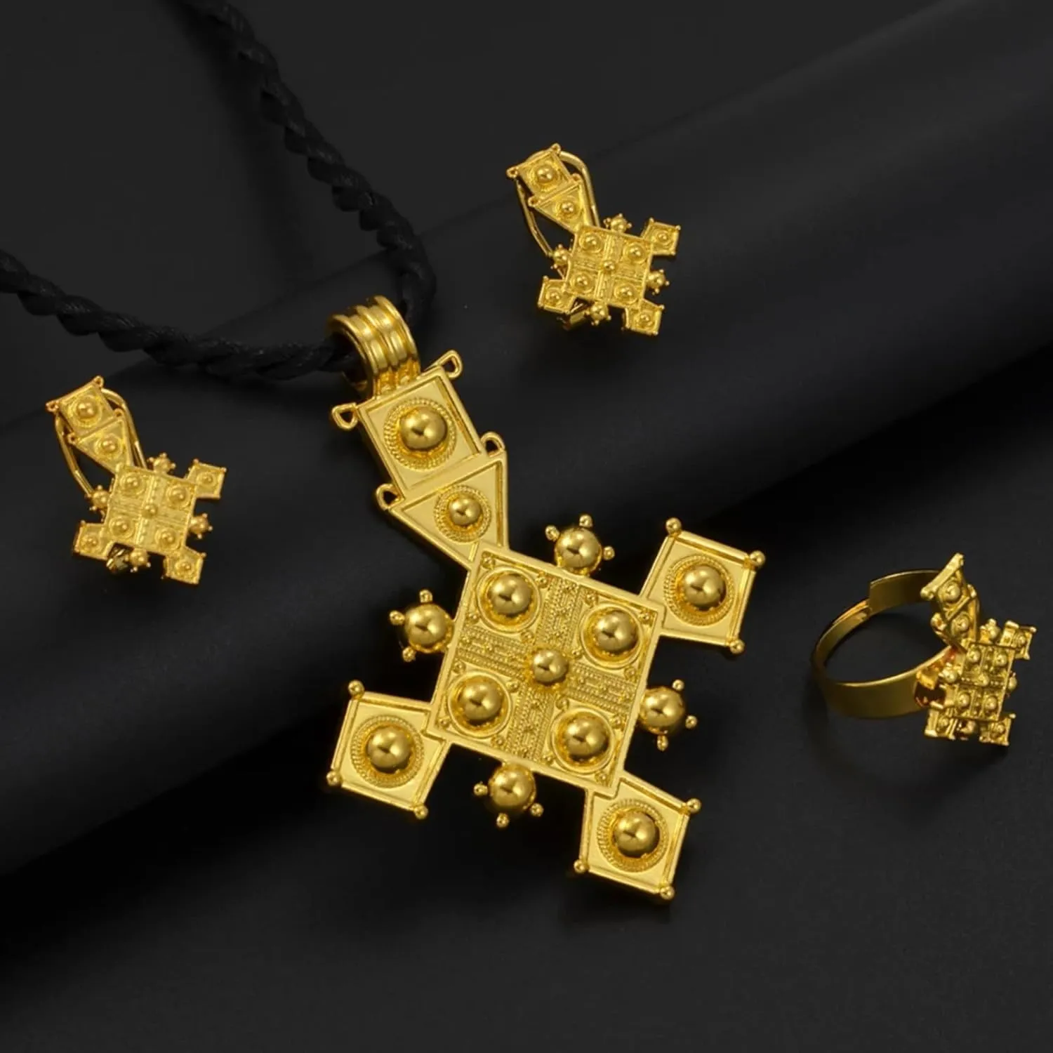 Ethiopian Traditional Jewelry | Eritrean Jewelry for Women Set | Ethiopian African Jewelry Wedding Sets Includes Cross Pendant Black Rope Earrings Ring Sets African Eritrean Religion