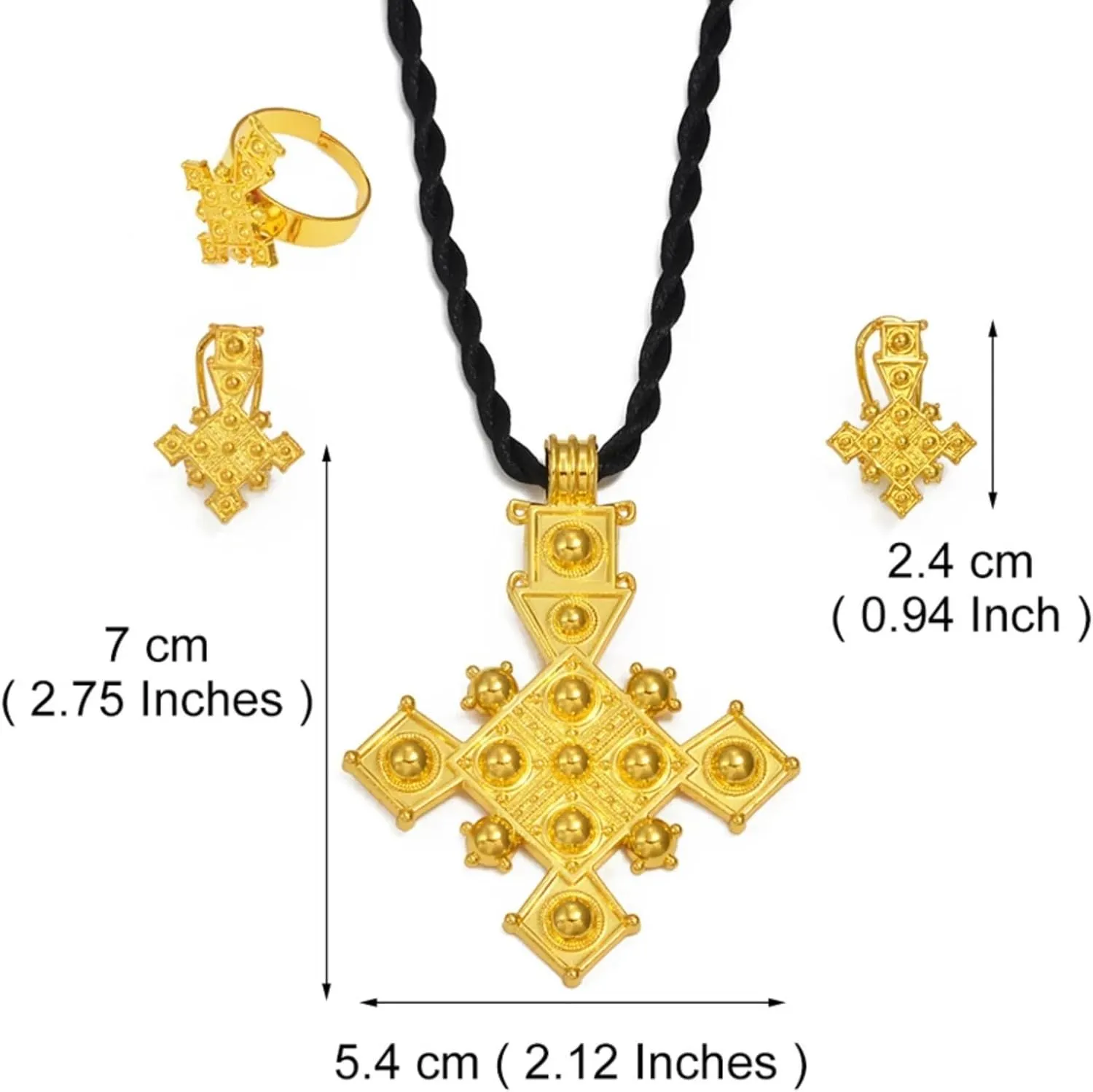 Ethiopian Traditional Jewelry | Eritrean Jewelry for Women Set | Ethiopian African Jewelry Wedding Sets Includes Cross Pendant Black Rope Earrings Ring Sets African Eritrean Religion