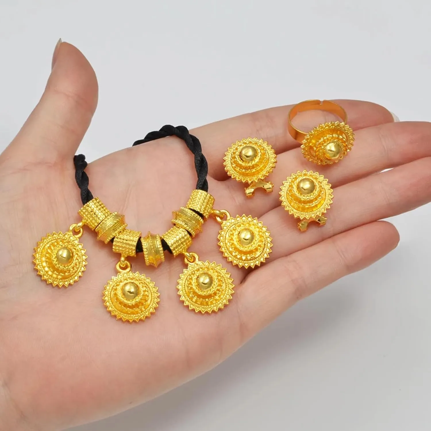 Ethiopian Traditional Jewelry | Eritrean Jewelry for Women Set | Ethiopian African Jewelry Wedding Sets Includes Cross Pendant Black Rope Earrings Ring Sets African Eritrean Religion