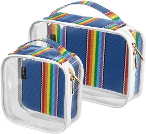 Ethnic Blue Style 2 Pieces Clear Makeup Cosmetic Bags for Traveling Vacation Organizing, Toiletry Bags for Women Men, PVC Waterproof Travel Organizer
