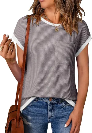 EVALESS Women's Short Sleeve T Shirts Crewneck Color Block Ribbed Knit Tee Blouses 2025 Trendy Summer Tops