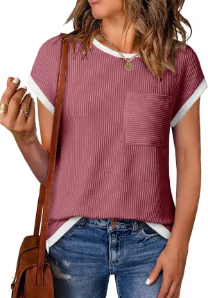 EVALESS Women's Short Sleeve T Shirts Crewneck Color Block Ribbed Knit Tee Blouses 2025 Trendy Summer Tops