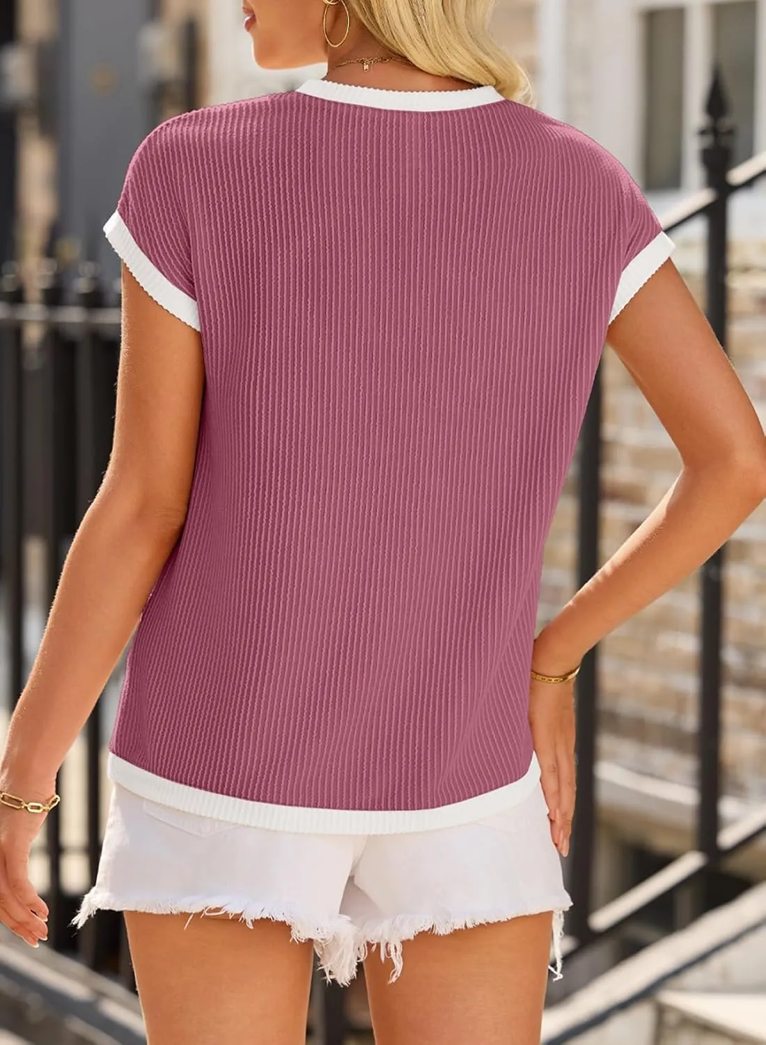 EVALESS Women's Short Sleeve T Shirts Crewneck Color Block Ribbed Knit Tee Blouses 2025 Trendy Summer Tops