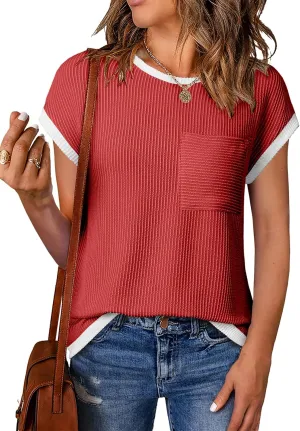 EVALESS Women's Short Sleeve T Shirts Crewneck Color Block Ribbed Knit Tee Blouses 2025 Trendy Summer Tops