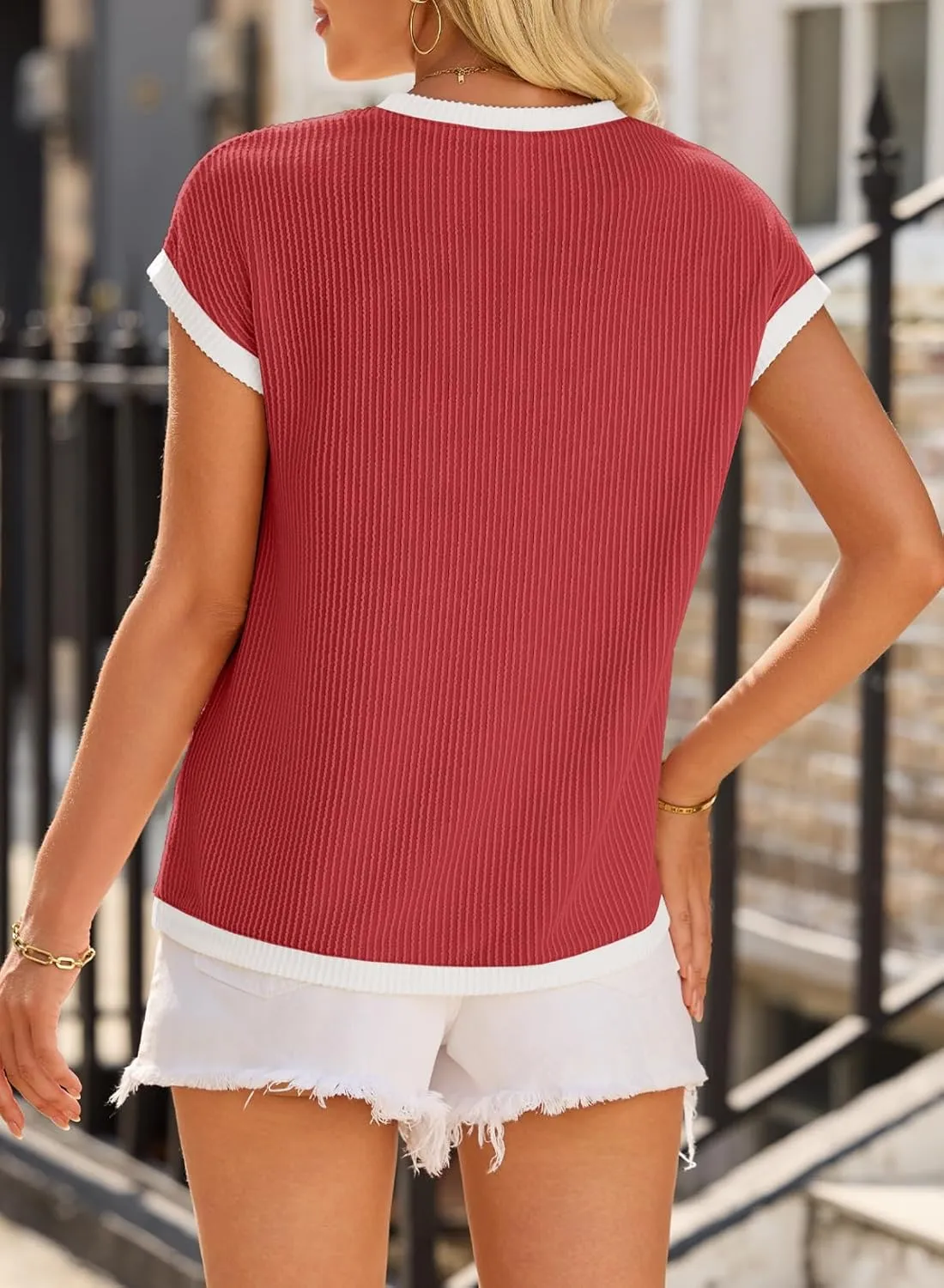 EVALESS Women's Short Sleeve T Shirts Crewneck Color Block Ribbed Knit Tee Blouses 2025 Trendy Summer Tops