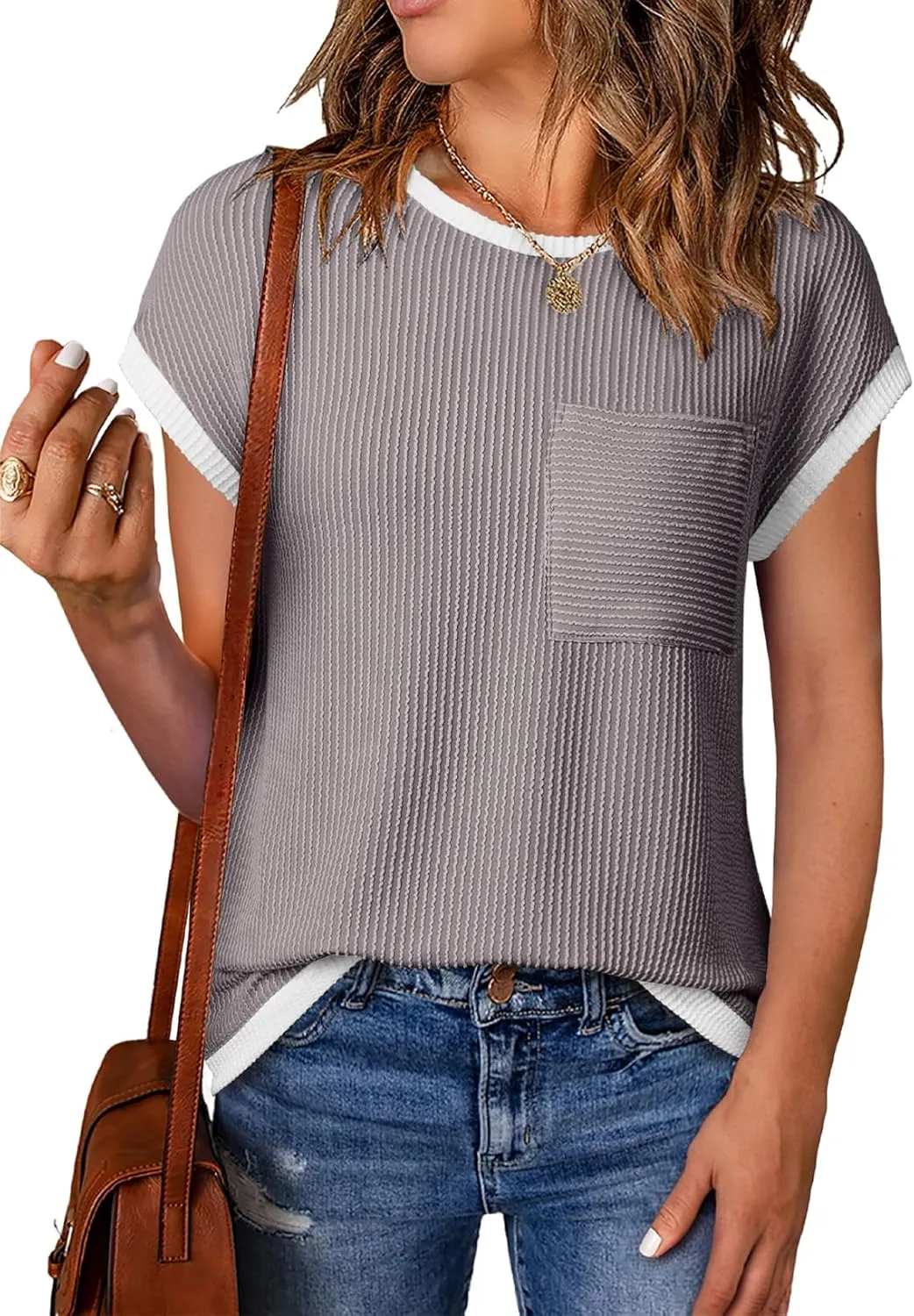 EVALESS Women's Short Sleeve T Shirts Crewneck Color Block Ribbed Knit Tee Blouses 2025 Trendy Summer Tops