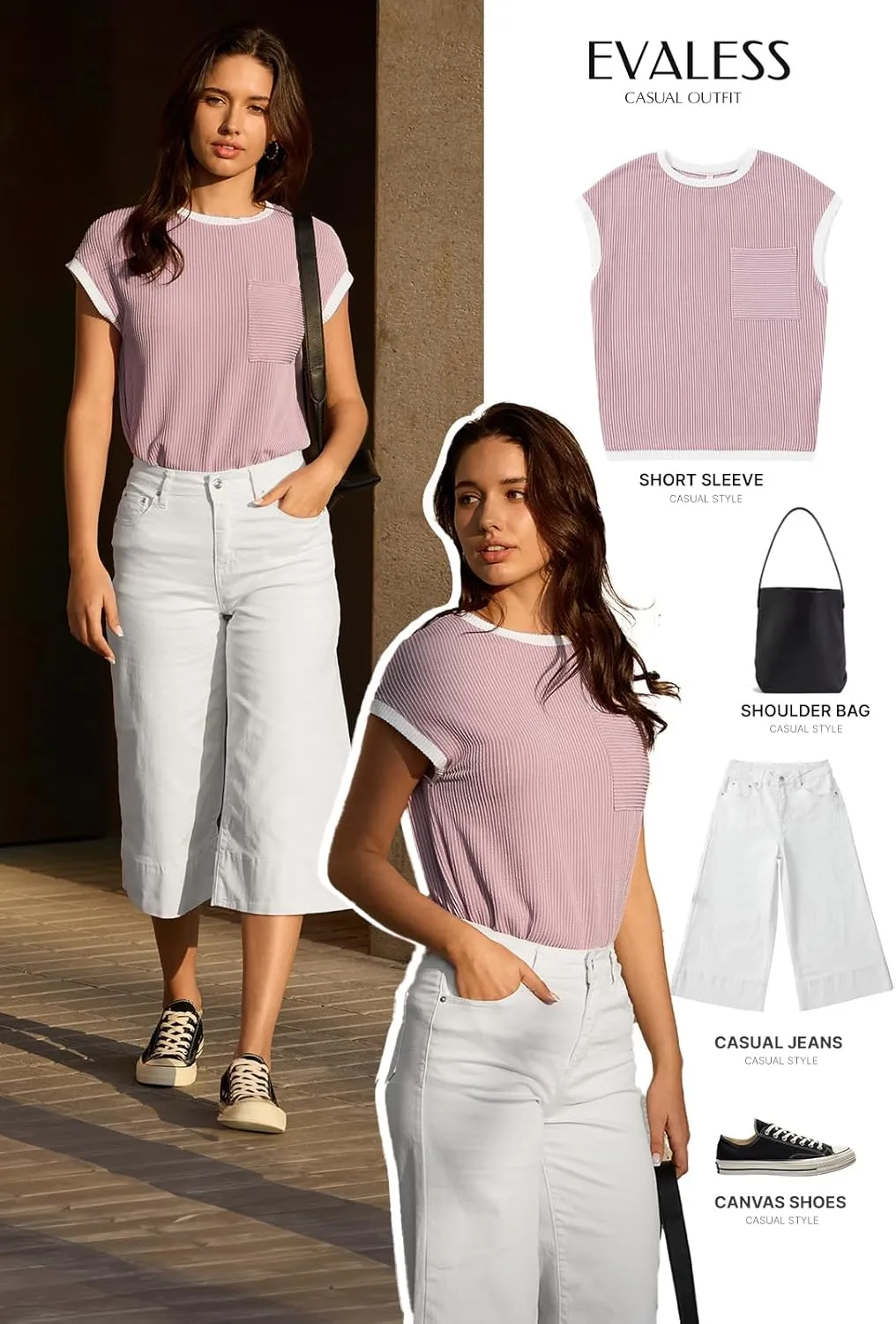 EVALESS Women's Short Sleeve T Shirts Crewneck Color Block Ribbed Knit Tee Blouses 2025 Trendy Summer Tops