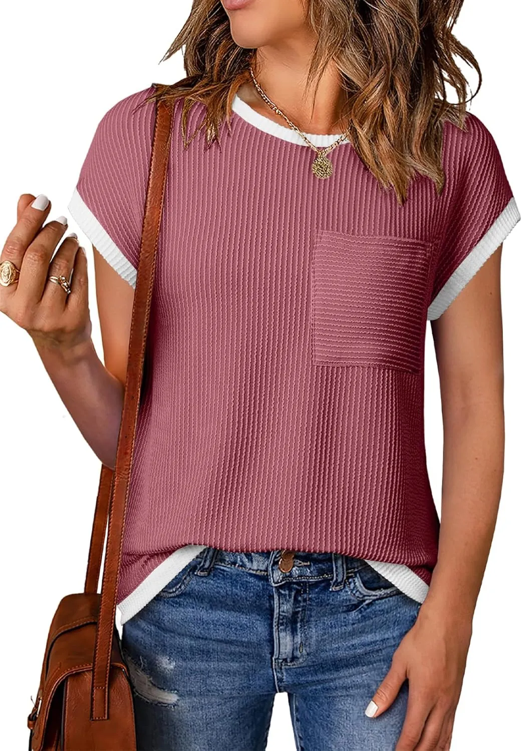 EVALESS Women's Short Sleeve T Shirts Crewneck Color Block Ribbed Knit Tee Blouses 2025 Trendy Summer Tops