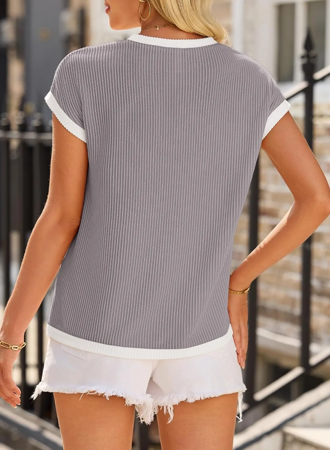 EVALESS Women's Short Sleeve T Shirts Crewneck Color Block Ribbed Knit Tee Blouses 2025 Trendy Summer Tops