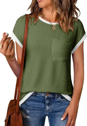 EVALESS Women's Short Sleeve T Shirts Crewneck Color Block Ribbed Knit Tee Blouses 2025 Trendy Summer Tops
