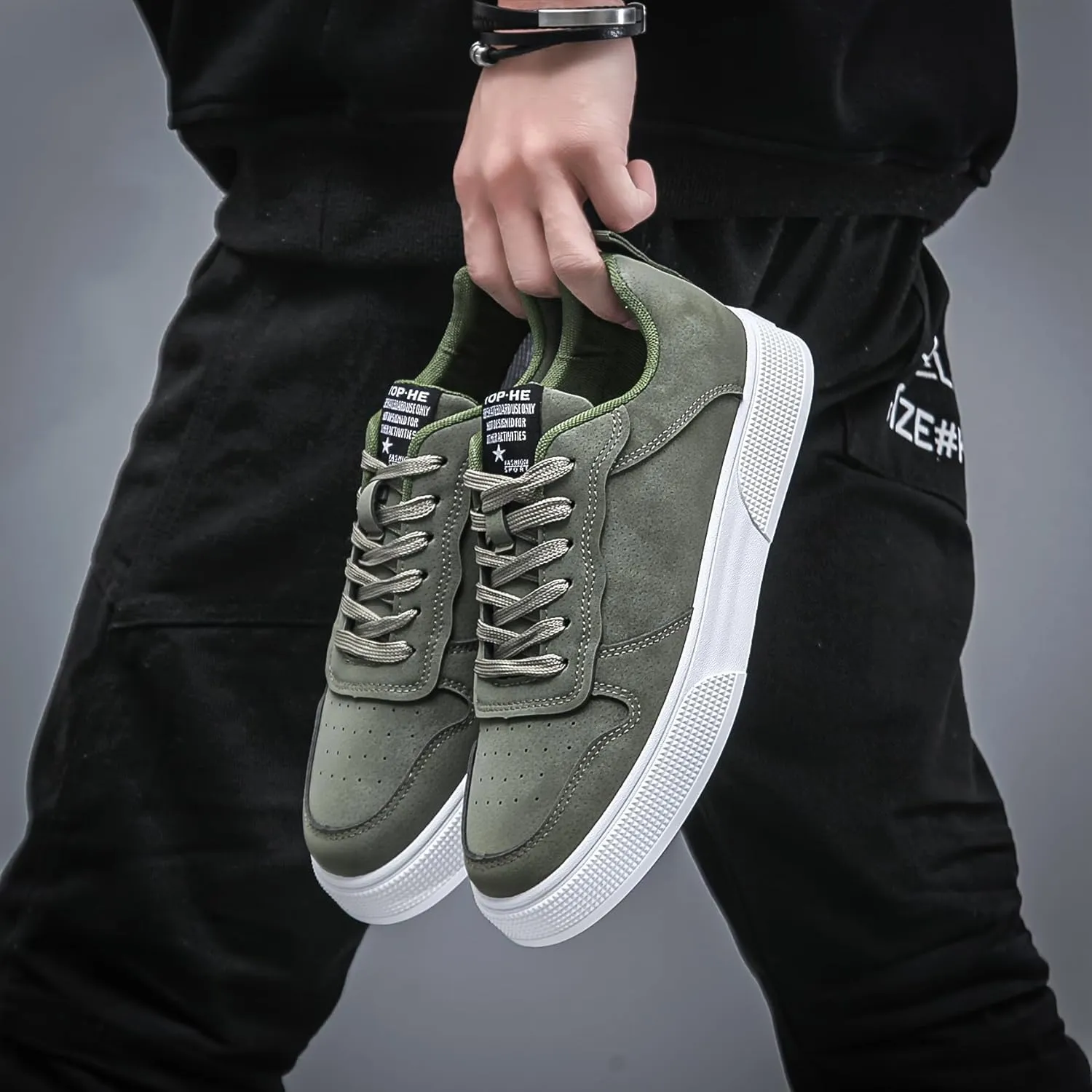 Everyday Comfort Men's Casual Lace-Up Sneakers - Olive Green Low-Top Skate Shoes with White Sole, Breathable Fabric Lining, and Durable PVC Outsole for All-Day Comfort