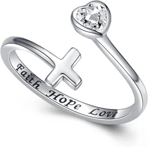 Faith Hope Love Jewelry for Women: 925 Sterling Silver Cross Ring Inspirational Jewelry Gift