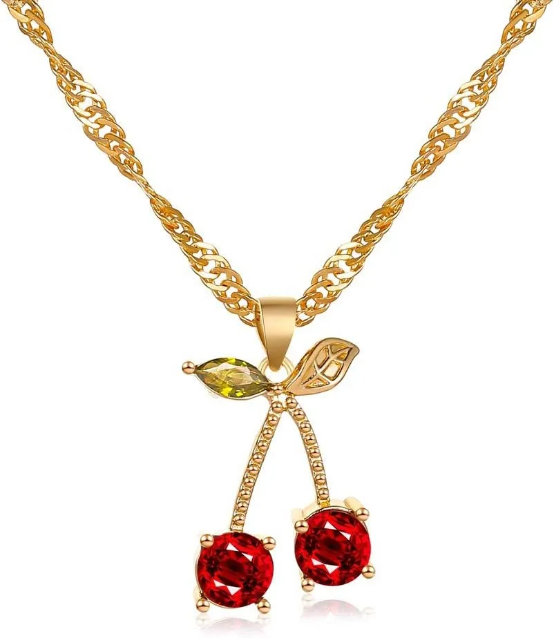 Fashion Jewelry Luxury Gold Color Red Crystal Cherry Pendant Necklace Earrings Jewelry Sets S004