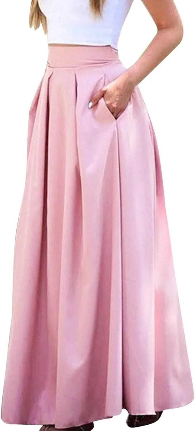 Fashion Women Skirt Elastic Waist A-Line High Waist Skirt Spring Dresses Midi Skirts Solid Skirt Double Slit
