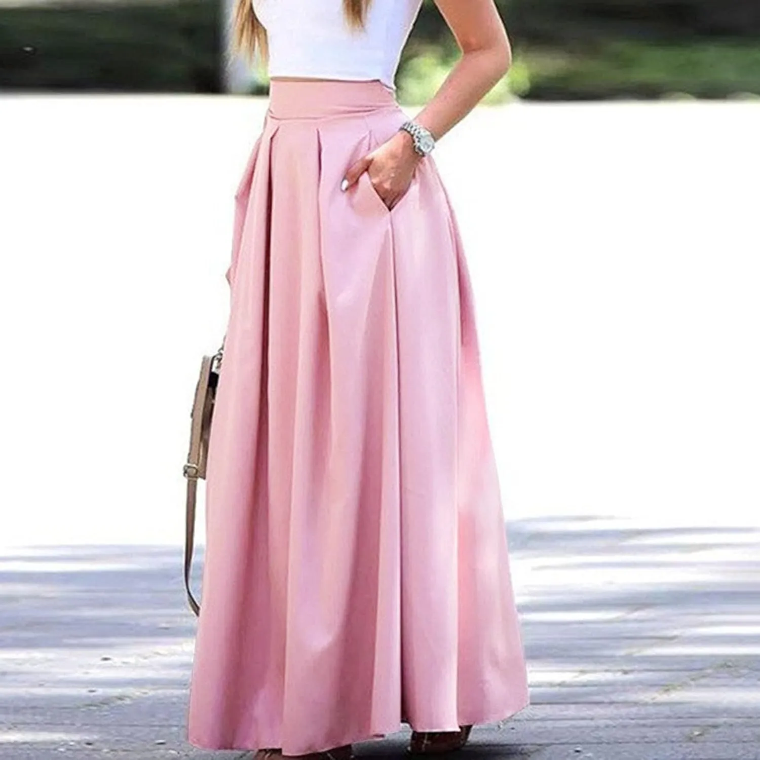 Fashion Women Skirt Elastic Waist A-Line High Waist Skirt Spring Dresses Midi Skirts Solid Skirt Double Slit