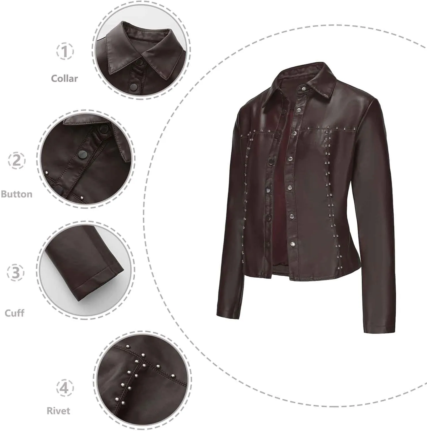 Faux Leather Jacket Women Studded Rivet Moto Biker Short Lapel Coat Leather Blazer Jackets for Spring Fall Fashion