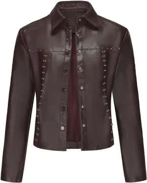 Faux Leather Jacket Women Studded Rivet Moto Biker Short Lapel Coat Leather Blazer Jackets for Spring Fall Fashion