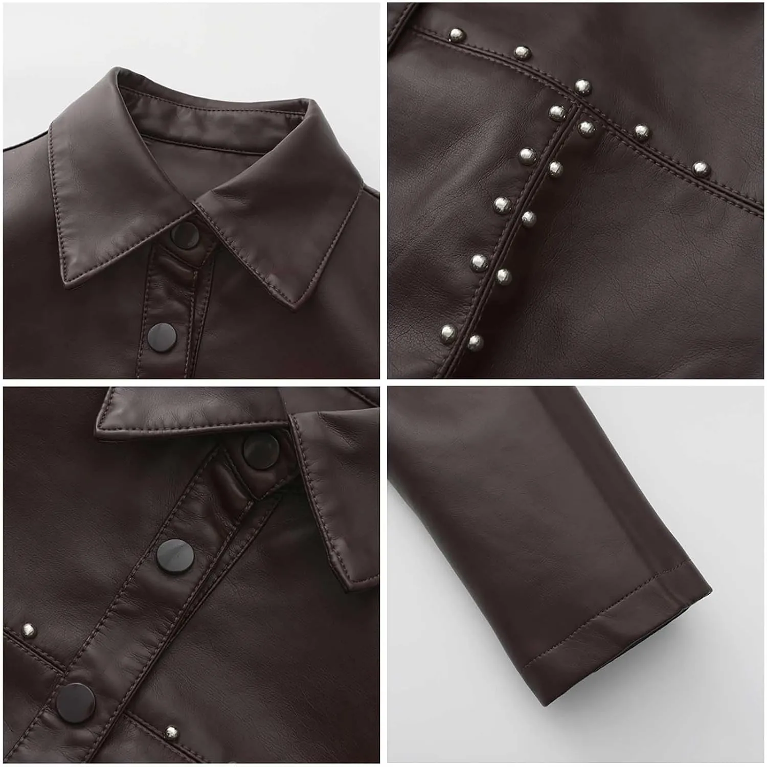 Faux Leather Jacket Women Studded Rivet Moto Biker Short Lapel Coat Leather Blazer Jackets for Spring Fall Fashion