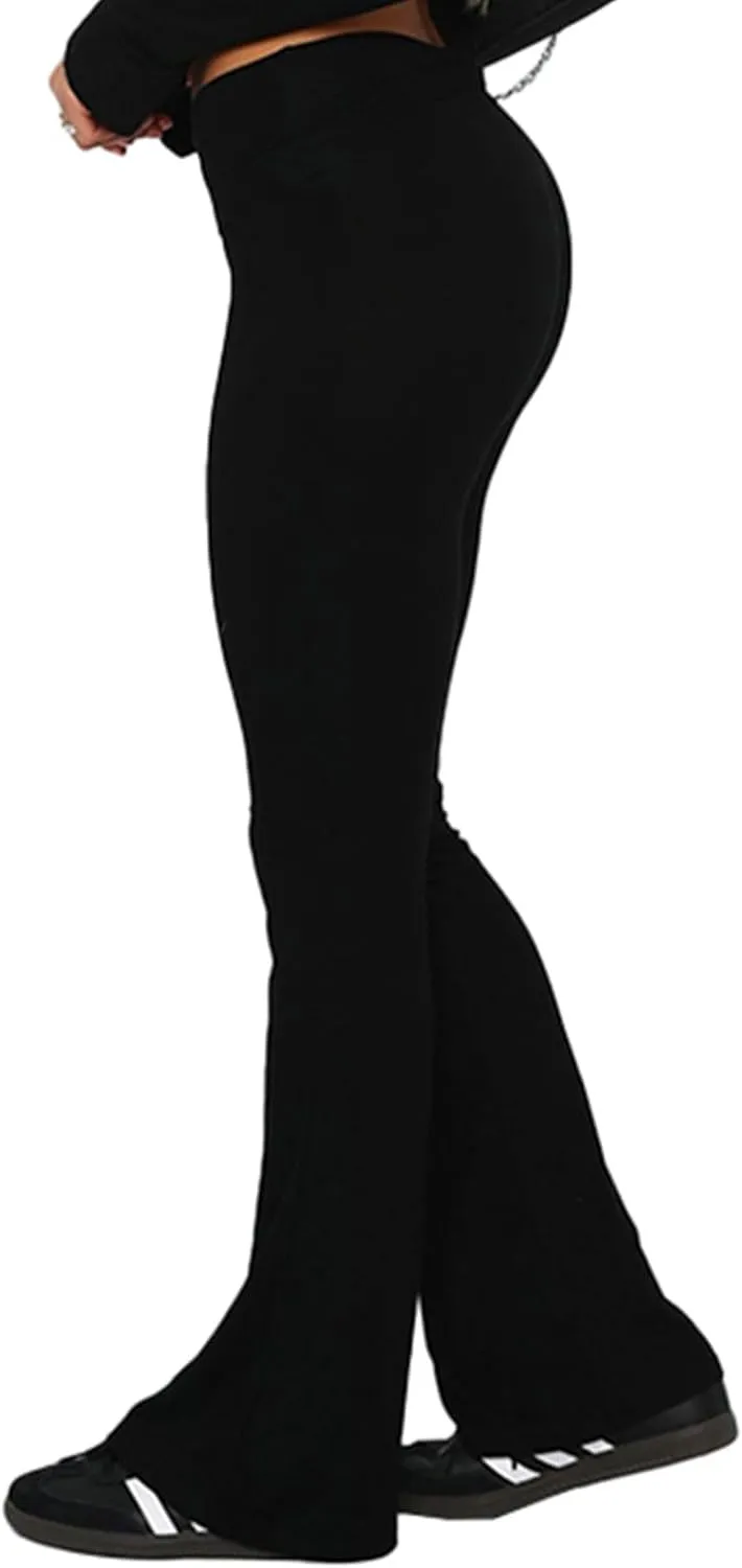 Fawjsais Flare Leggings for Women Skinny Fold Over Leggings Bootcut Yoga Pants Low Rise Sweatpants