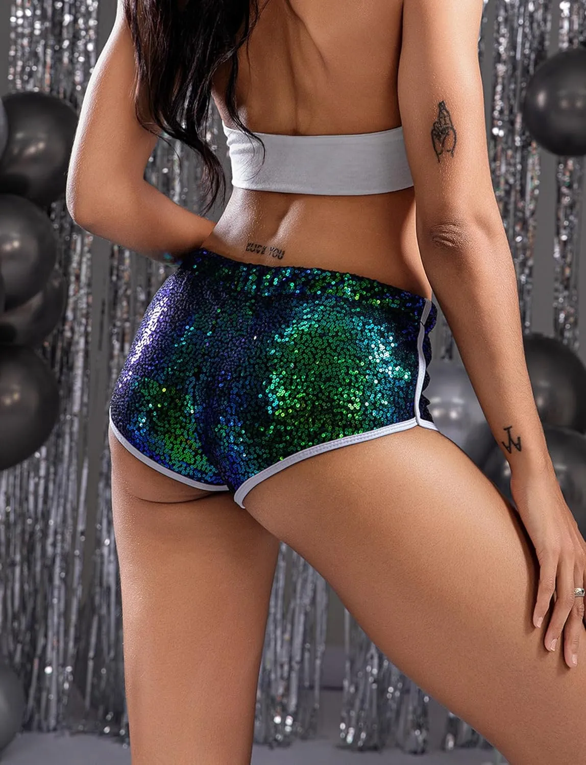 FEOYA Women's Sequin Sparkly Sexy Booty Shorts Low Rise Rave Cheecky Shorts for Festival Club Nightout Disco