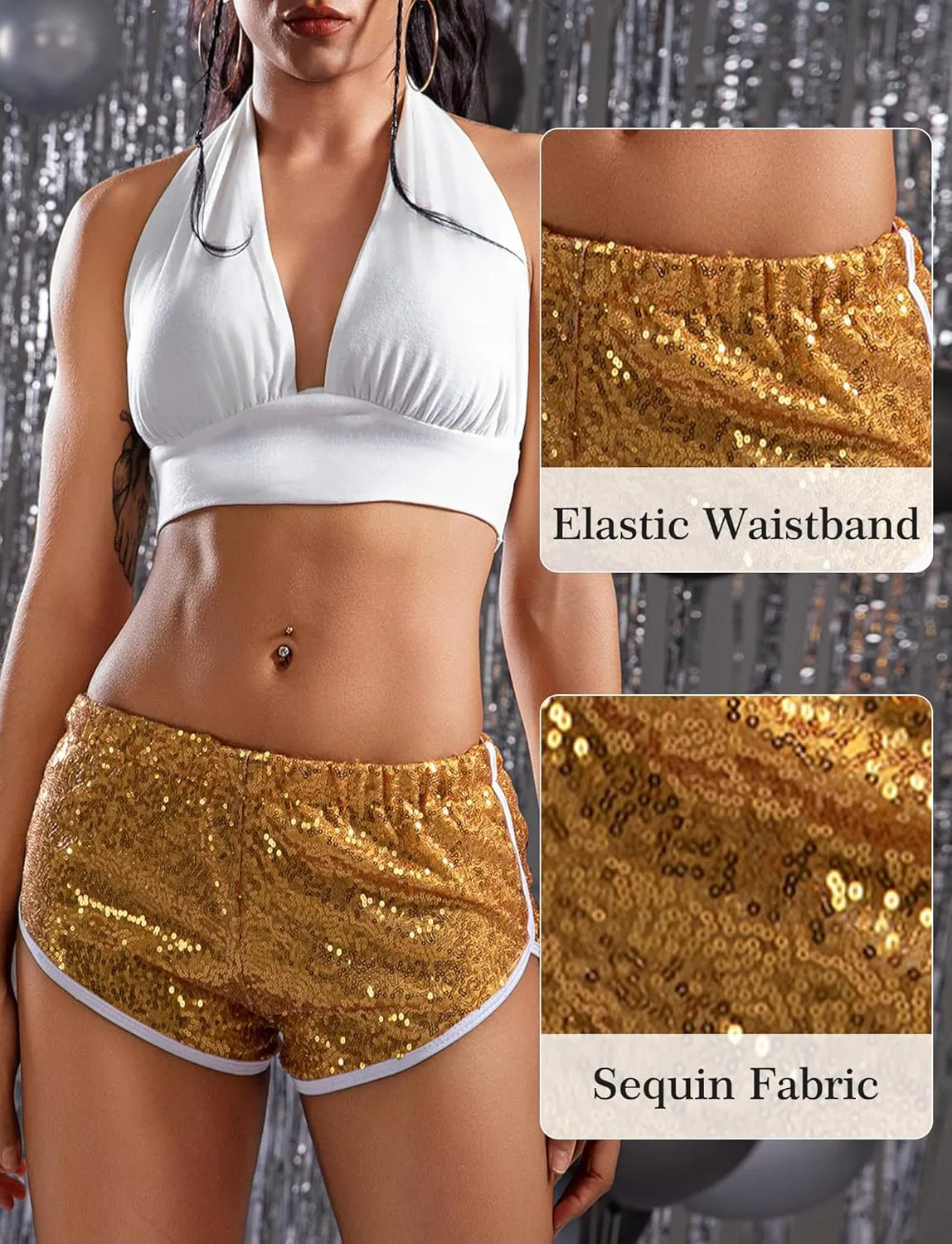 FEOYA Women's Sequin Sparkly Sexy Booty Shorts Low Rise Rave Cheecky Shorts for Festival Club Nightout Disco