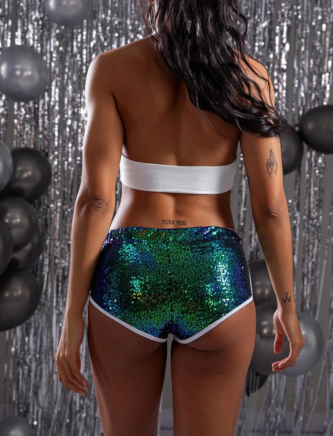 FEOYA Women's Sequin Sparkly Sexy Booty Shorts Low Rise Rave Cheecky Shorts for Festival Club Nightout Disco