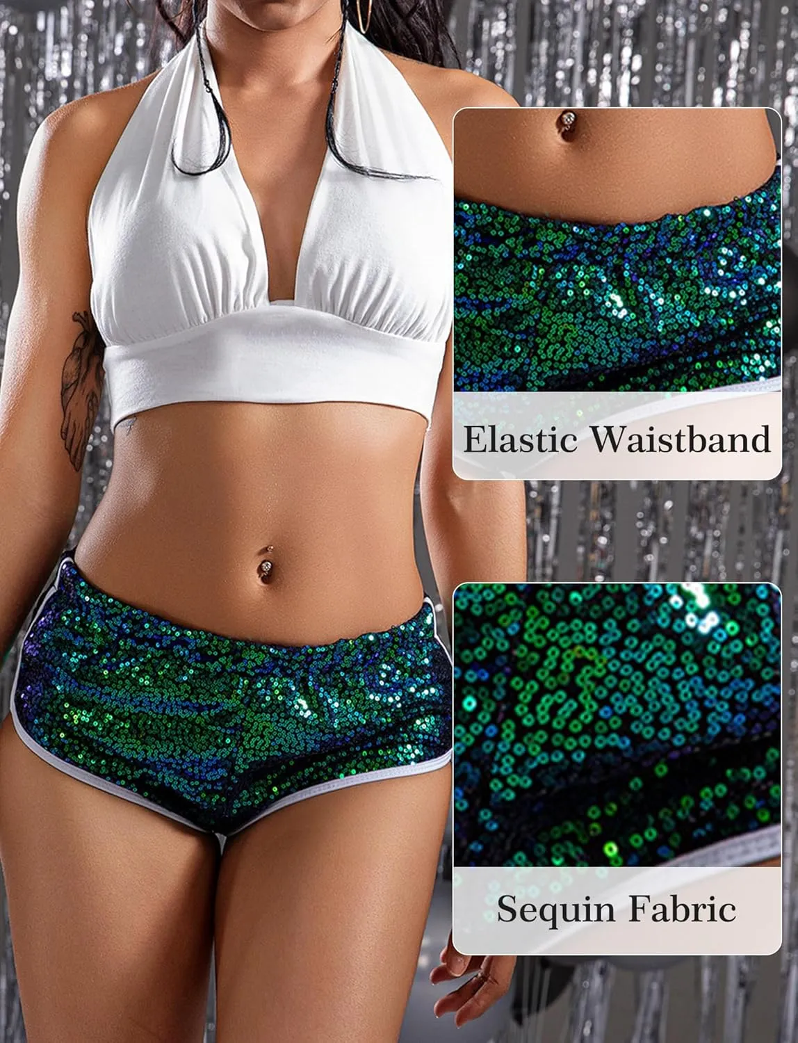 FEOYA Women's Sequin Sparkly Sexy Booty Shorts Low Rise Rave Cheecky Shorts for Festival Club Nightout Disco