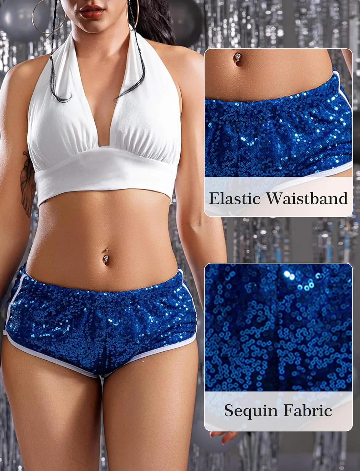 FEOYA Women's Sequin Sparkly Sexy Booty Shorts Low Rise Rave Cheecky Shorts for Festival Club Nightout Disco