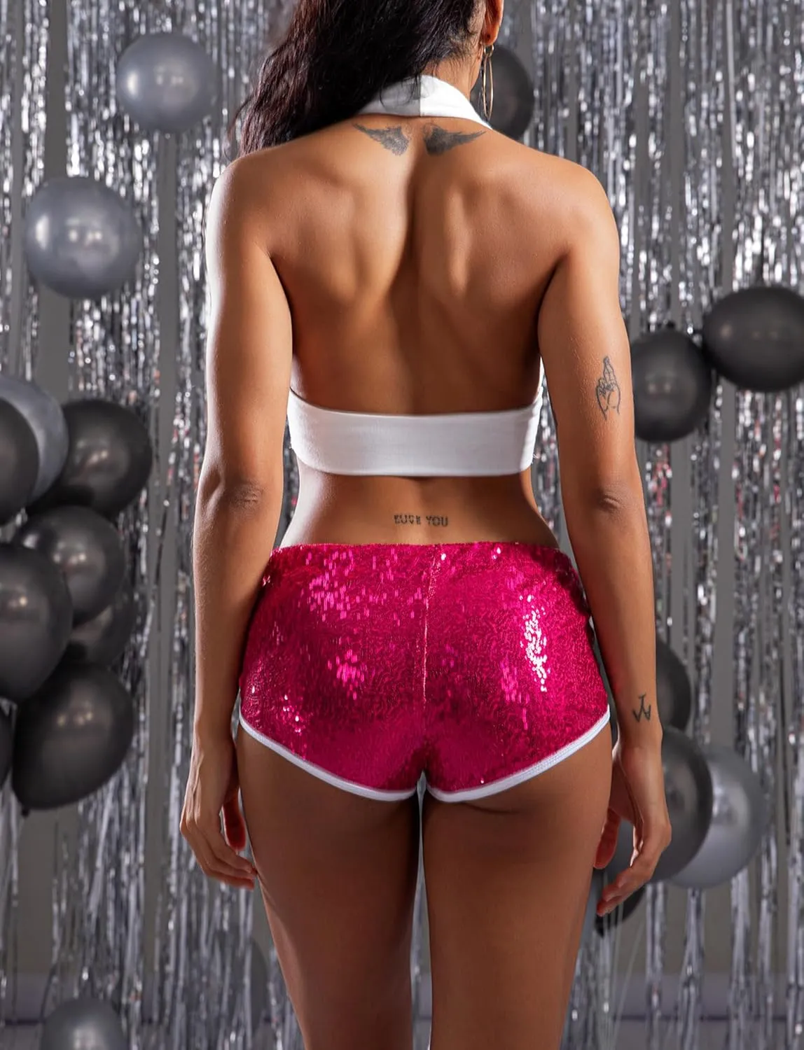 FEOYA Women's Sequin Sparkly Sexy Booty Shorts Low Rise Rave Cheecky Shorts for Festival Club Nightout Disco