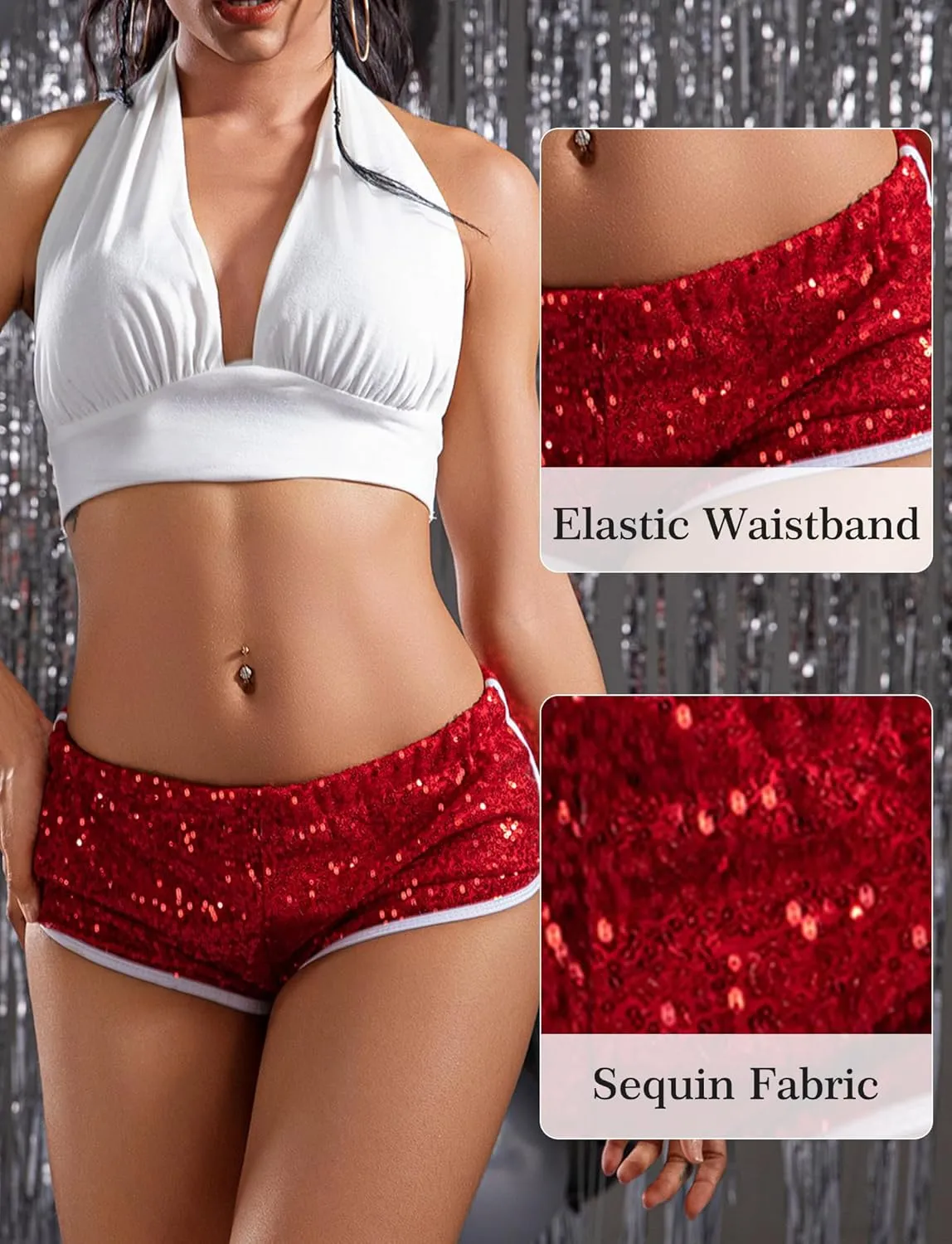 FEOYA Women's Sequin Sparkly Sexy Booty Shorts Low Rise Rave Cheecky Shorts for Festival Club Nightout Disco